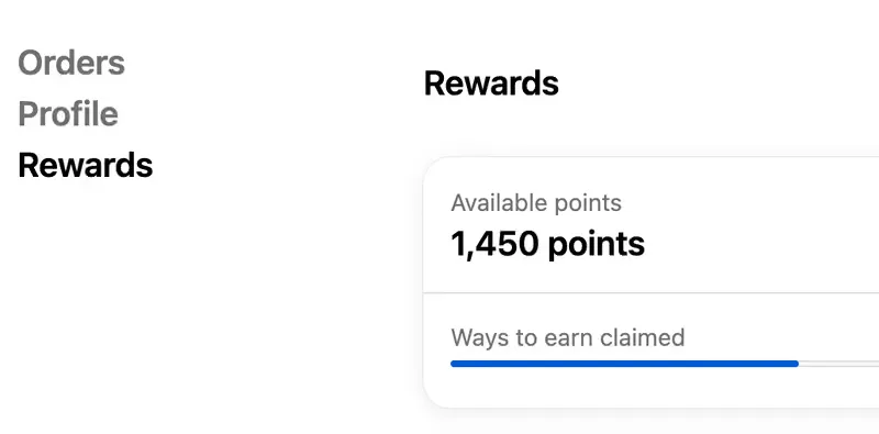 A customer account navigation showing Orders, Profile and Rewards, with the Rewards page open beside it.