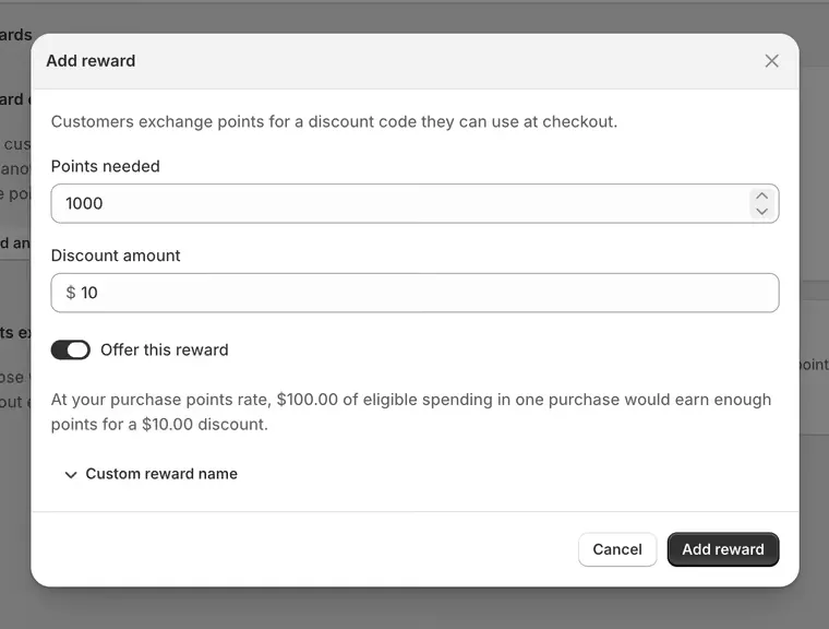 The Add reward dialog: points needed, a discount amount, an Offer this reward switch, and a line working out the spending needed to earn it.