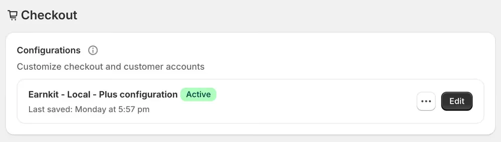The Checkout settings page in Shopify, showing the Configurations card with the active configuration and its Edit button.