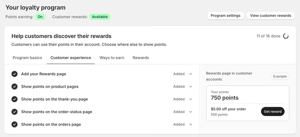 The setup checklist with all five Customer experience rows marked Added, and the dashboard header showing Points earning On and Customer rewards Available.