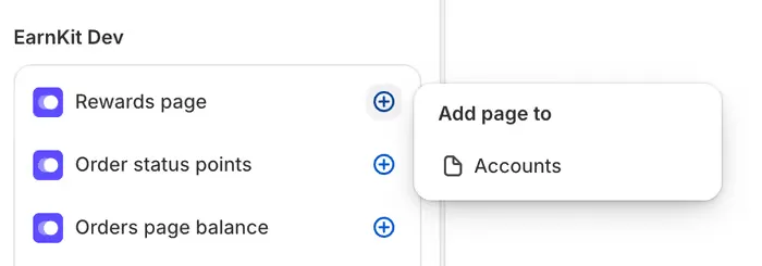 The plus beside Rewards page opening a small Add page to menu with one option, Accounts.