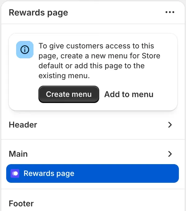 The editor’s Rewards page panel, with a note saying to create a new menu or add the page to the existing menu, and Create menu and Add to menu buttons.