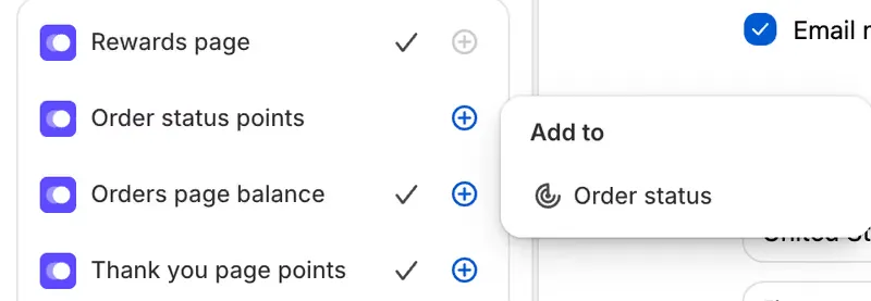 The Apps panel with the plus beside Order status points opening an Add to menu offering Order status.