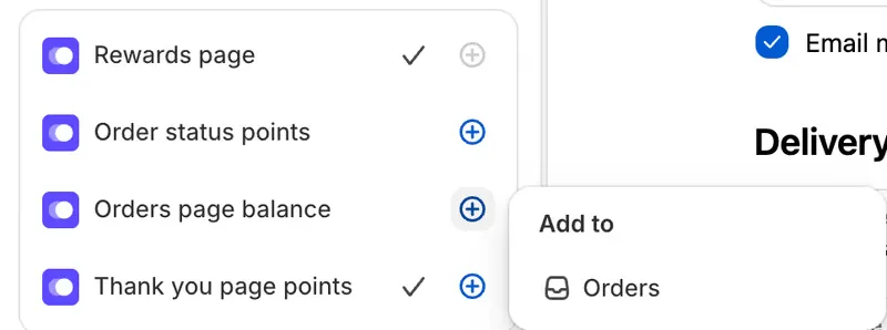 The Apps panel with the plus beside Orders page balance opening an Add to menu offering Orders.