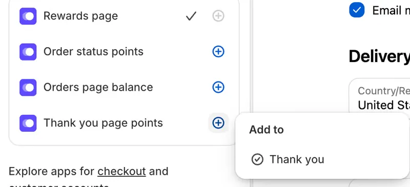 The Apps panel listing the EarnKit blocks, with the plus beside Thank you page points opening an Add to menu offering Thank you.