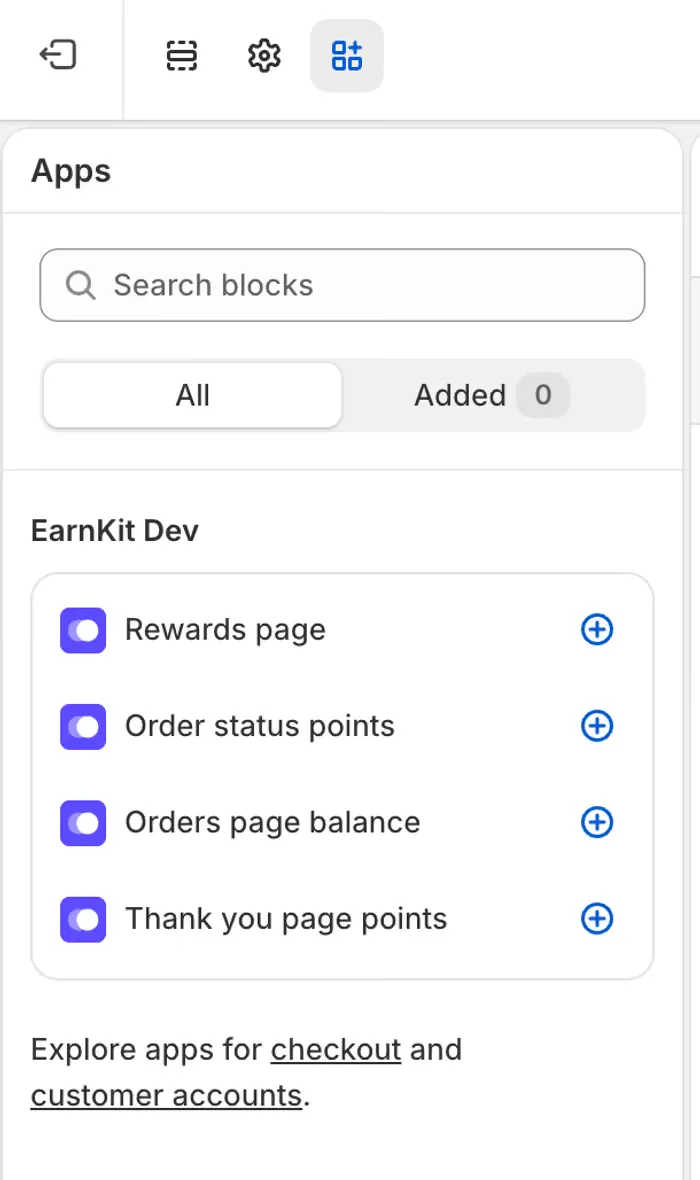 The editor’s top-left icon row with the Apps icon selected, and the Apps panel open beneath it listing the EarnKit blocks, each with a plus button.