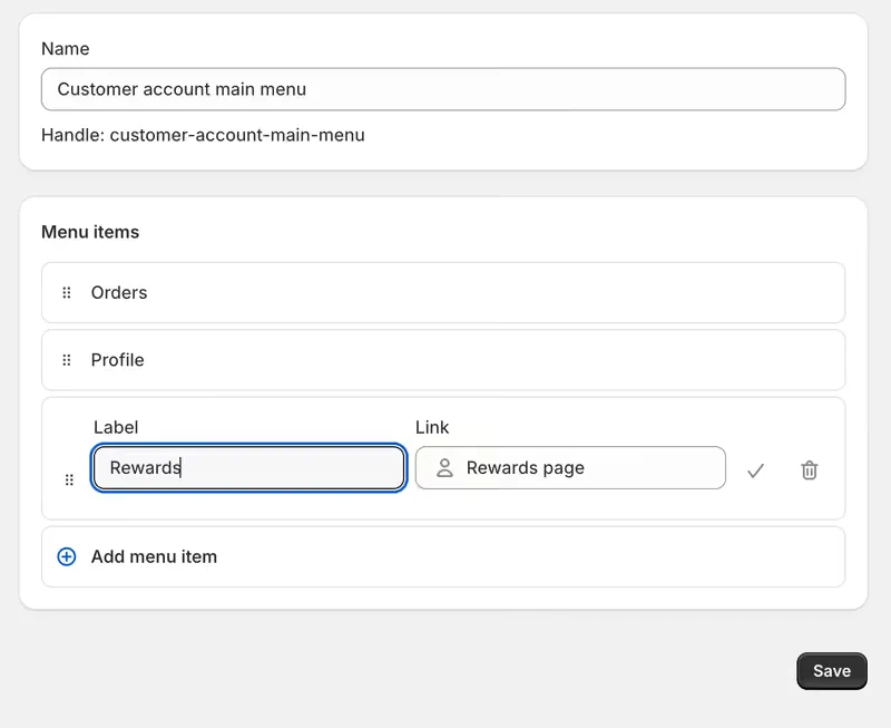 The customer account main menu, with Orders, Profile and a new item labelled Rewards linking to the Rewards page, and a Save button.
