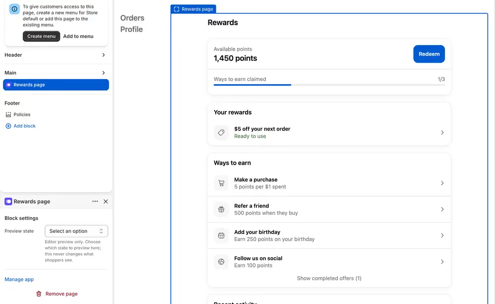 The Rewards page in the editor, previewing a points balance, a reward ready to use, and the ways to earn.