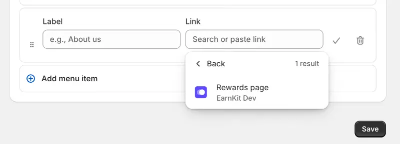 The link picker showing one result under Apps: the Rewards page from EarnKit.