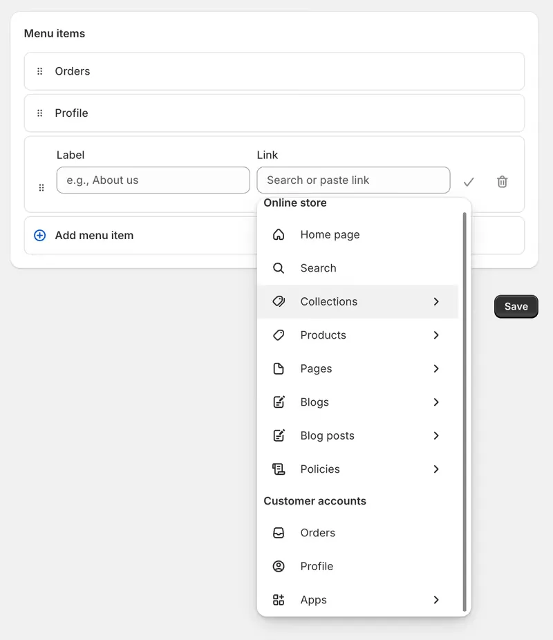 The Link field open on a new menu item, listing Online store destinations and, under Customer accounts, Orders, Profile and Apps.