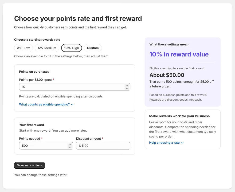 The Choose your points rate and first reward screen, with Low, Medium, High and Custom rate examples, fields for points per $1 and the first reward, and a panel explaining what the settings mean.