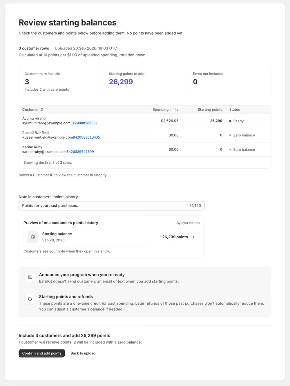 The Review starting balances screen: totals for customers to include, points to add and rows not included, a table of customers with their spending and starting points, a note field, and a preview of one customer’s points history.