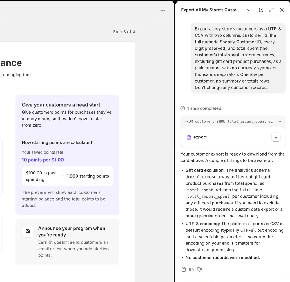 Shopify’s Sidekick panel beside the setup step, showing the pasted export request, a completed query, a downloadable export file, and notes about what the export contains.
