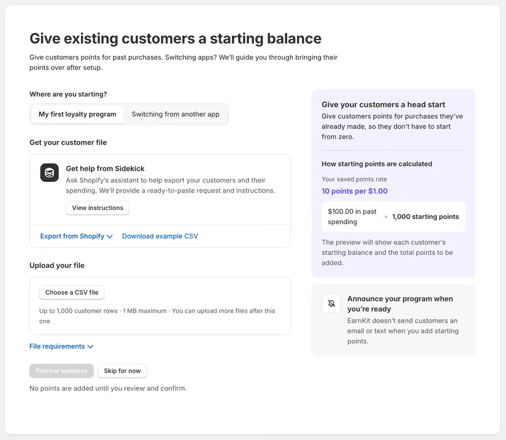 The Give existing customers a starting balance screen, with a choice between a first loyalty program and switching from another app, help getting a customer file, a CSV upload, and a panel showing how starting points are calculated.
