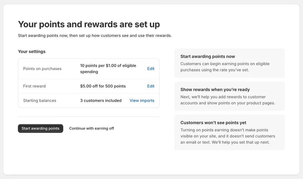 The Your points and rewards are set up screen, showing the saved points rate, first reward and starting balances, with buttons to start awarding points or continue with earning off.