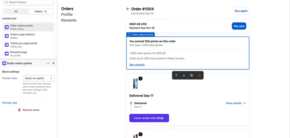 The order-status points block added to an order page, showing points earned on the order, the customer’s total, how far they are from the next reward, and a link to see rewards.