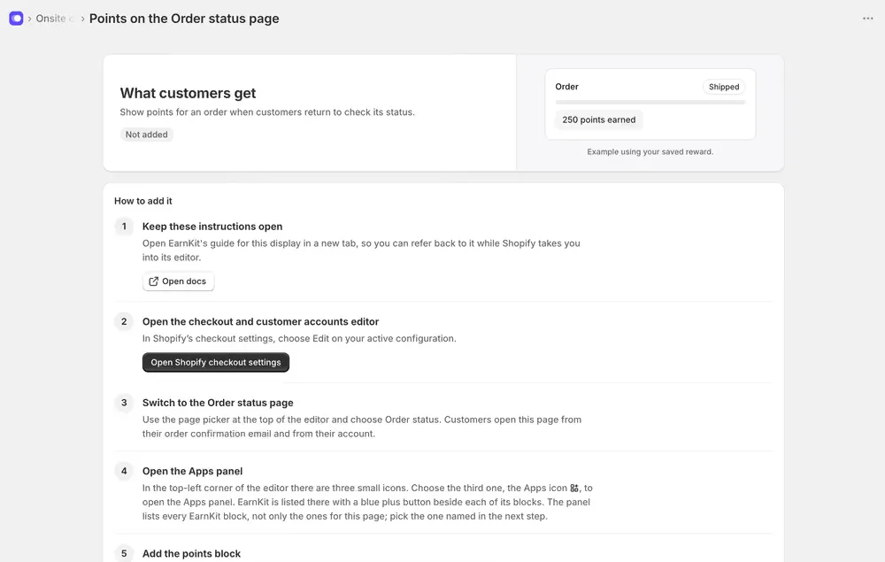 The Points on the Order status page setup screen in EarnKit, with a preview showing 250 points earned beside a shipped order, and numbered steps for adding it.