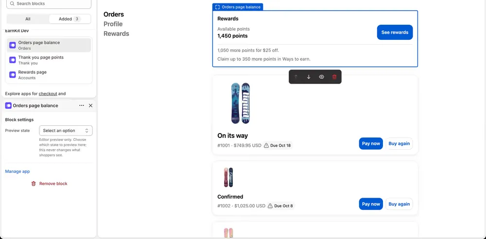 The Orders page balance block added above a customer’s order list, showing available points, how far they are from the next reward, and a See rewards button.