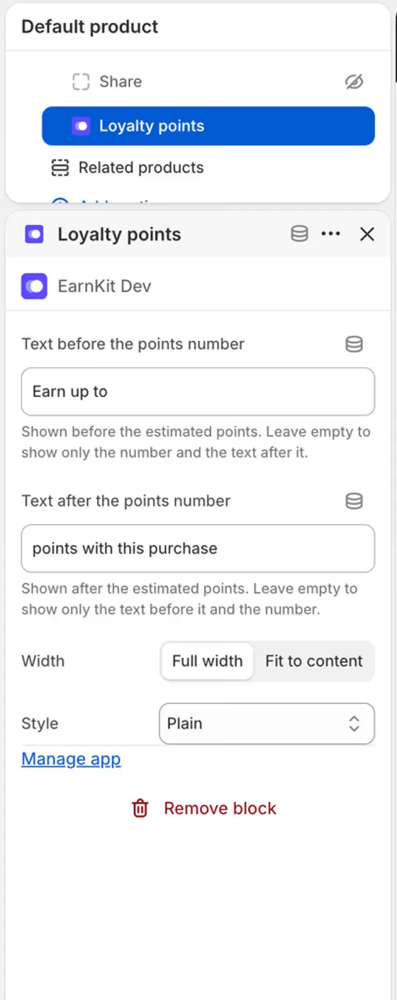 The Loyalty points block settings in the theme editor: text before the points number, text after it, a width choice and a style choice.