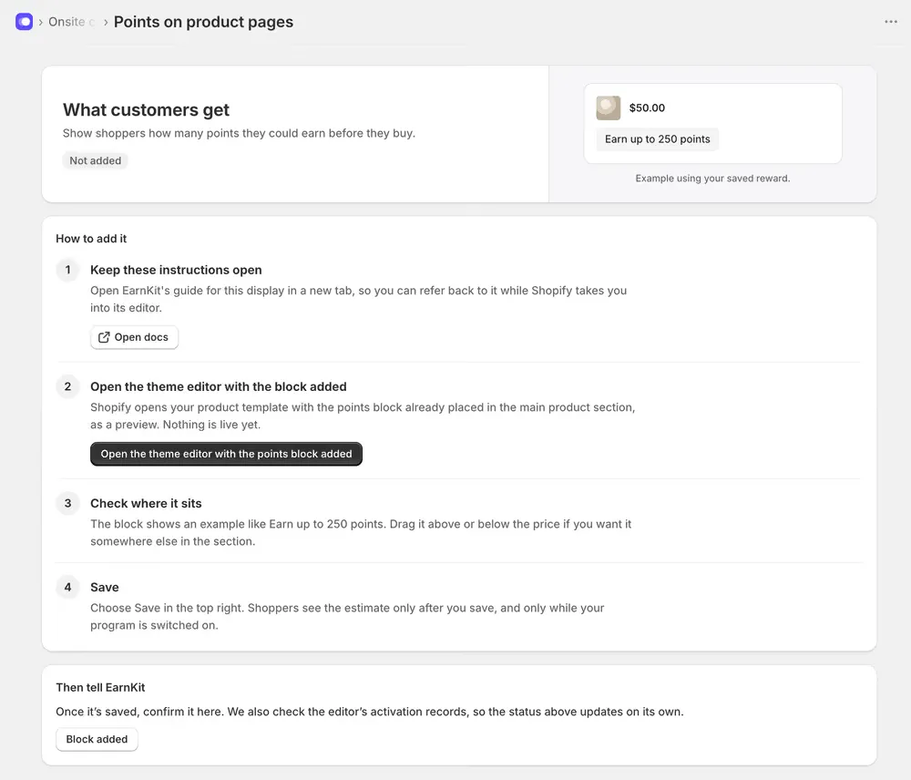 The Points on product pages setup screen in EarnKit, with a preview of the estimate beside a product price and four numbered steps for adding it.