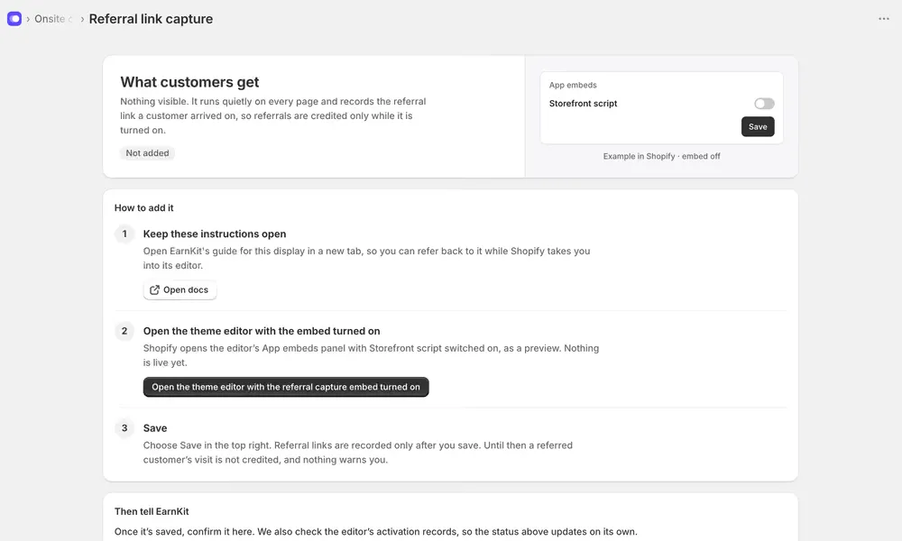 The Referral link capture setup screen, showing the App embeds panel with Storefront script and a three-step walkthrough.