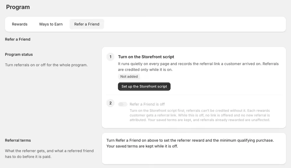 The Refer a Friend tab, showing the Storefront script step first and the Refer a Friend switch disabled beneath it.