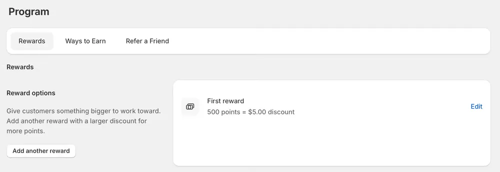 The Rewards tab showing one reward, 500 points for a $5.00 discount, and an Add another reward button.