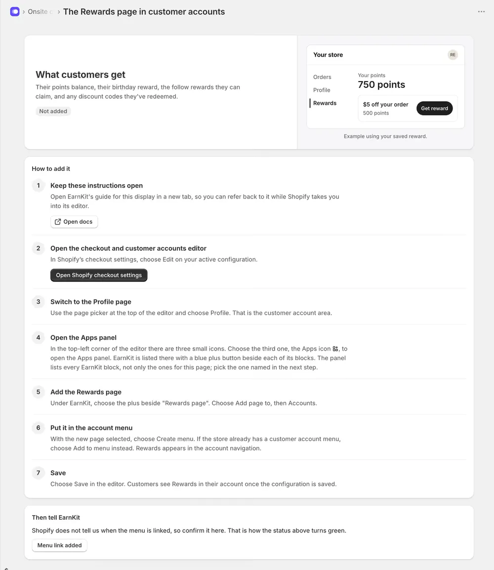 The Rewards page setup screen in EarnKit, showing what customers get, a preview of the page in a customer account, seven numbered steps for adding it, and a Menu link added button.