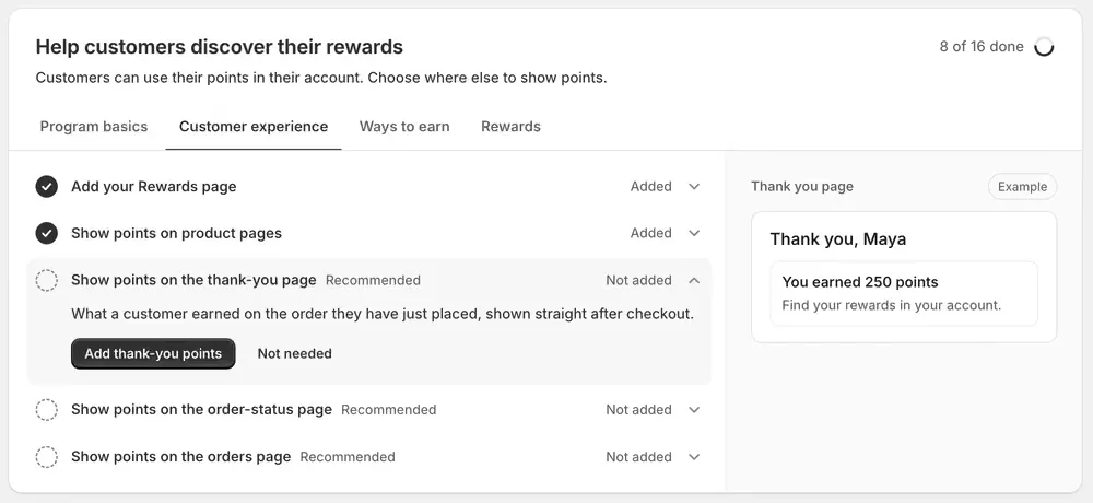The setup checklist with the Rewards page and product pages marked Added, the thank-you row expanded, and the heading now reading Help customers discover their rewards.