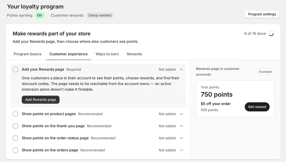 The setup checklist on the EarnKit dashboard, on the Customer experience tab: adding the Rewards page is required, and four places to show points are recommended.