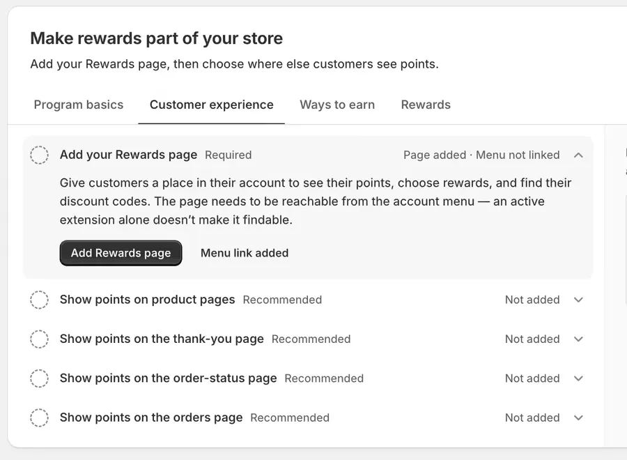 The setup checklist row for Add your Rewards page, showing Page added, Menu not linked, with Add Rewards page and Menu link added buttons.