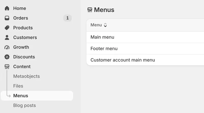 Shopify’s Content section with Menus selected, listing Main menu, Footer menu and Customer account main menu.
