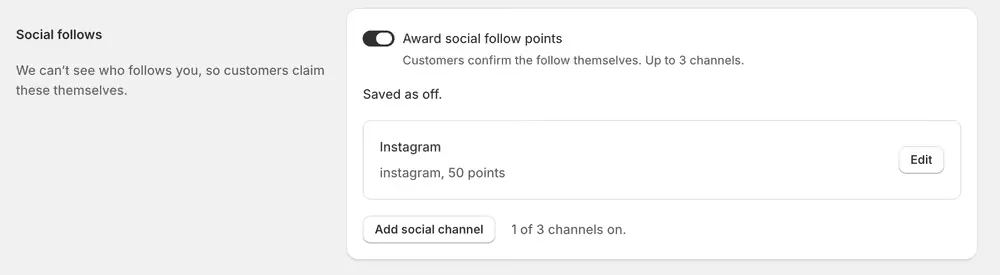 The social follows settings: a switch, one Instagram channel worth 50 points, an Add social channel button, and a note that one of three channels is on.