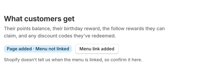 The Rewards page setup showing the status Page added, Menu not linked, with a Menu link added button and a note that Shopify does not report when the menu is linked.