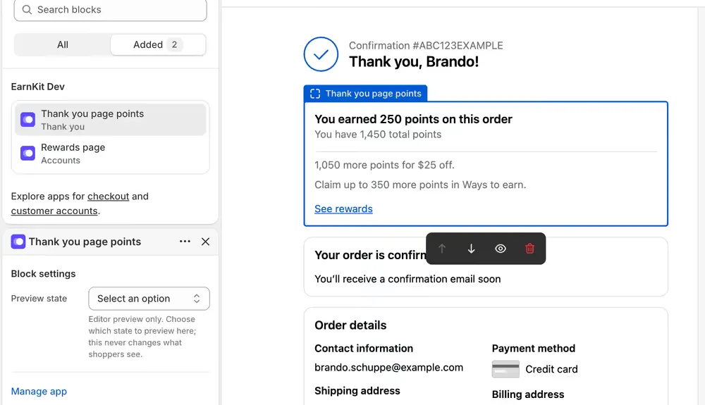 The thank-you points block added to the Thank you page, showing points earned on the order, the customer’s total, how far they are from the next reward, and a link to see rewards.