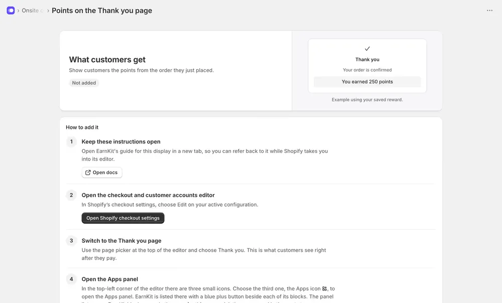 The Points on the Thank you page setup screen in EarnKit, with a preview showing You earned 250 points under the order confirmation, and numbered steps for adding it.