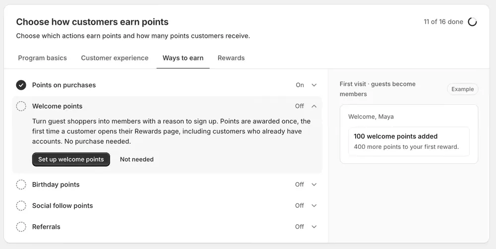 The Ways to earn tab of the setup checklist, with points on purchases on, and welcome points, birthday points, social follow points and referrals all off.
