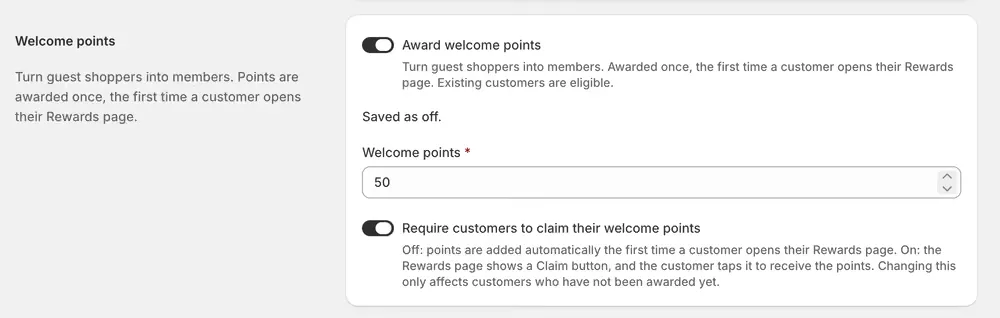 The welcome points settings: an Award welcome points switch, a points amount, and a switch to require customers to claim their welcome points.